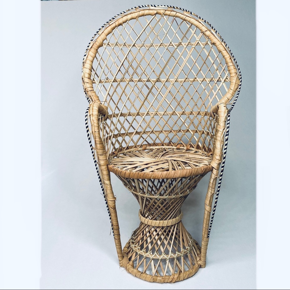 Vintage woven plant holder prop staging Peacock Chair tan